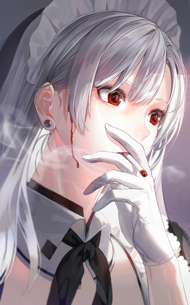 Anime picture 1536x2460 with original kfr single long hair tall image fringe red eyes holding looking away silver hair upper body smoke smoking blood on face girl gloves earrings white gloves headdress maid headdress