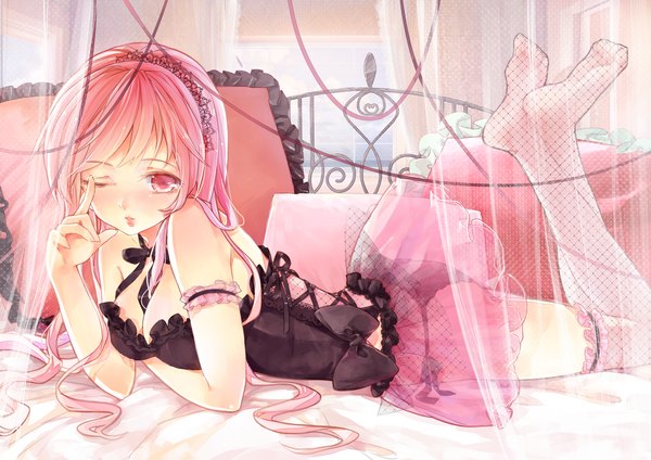 Anime picture 1569x1110 with vocaloid megurine luka tsukimiya kamiko single long hair looking at viewer blush fringe breasts light erotic bare shoulders pink hair bent knee (knees) lying one eye closed pink eyes crossed legs on stomach leg lift (legs lift) girl