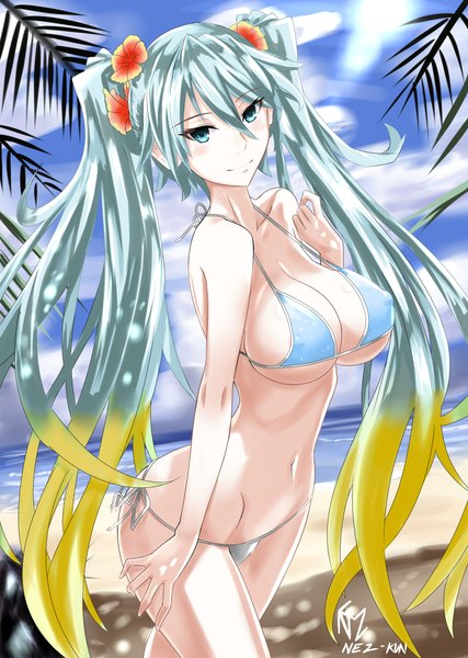 Anime picture 3200x4500 with league of legends sona buvelle nez-kun (nezkunn) single long hair tall image looking at viewer blush fringe highres breasts blue eyes light erotic blonde hair large breasts twintails absurdres multicolored hair aqua hair gradient hair