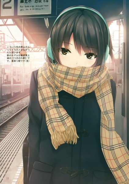 Anime picture 2388x3393 with original shiramine rika coffee-kizoku single long hair tall image looking at viewer highres black hair brown eyes scan girl jacket headphones scarf plaid scarf