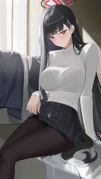 Anime picture 3392x6000 with blue archive rio (blue archive) re-leaf single long hair tall image looking at viewer blush fringe highres breasts light erotic black hair red eyes sitting absurdres indoors blunt bangs long sleeves head tilt
