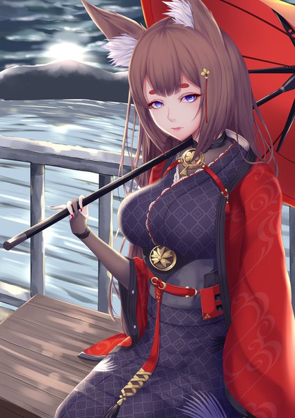 Anime picture 1240x1754 with azur lane amagi (azur lane) shiro usagi single long hair tall image looking at viewer blush fringe breasts blue eyes brown hair sitting holding animal ears payot outdoors nail polish traditional clothes japanese clothes