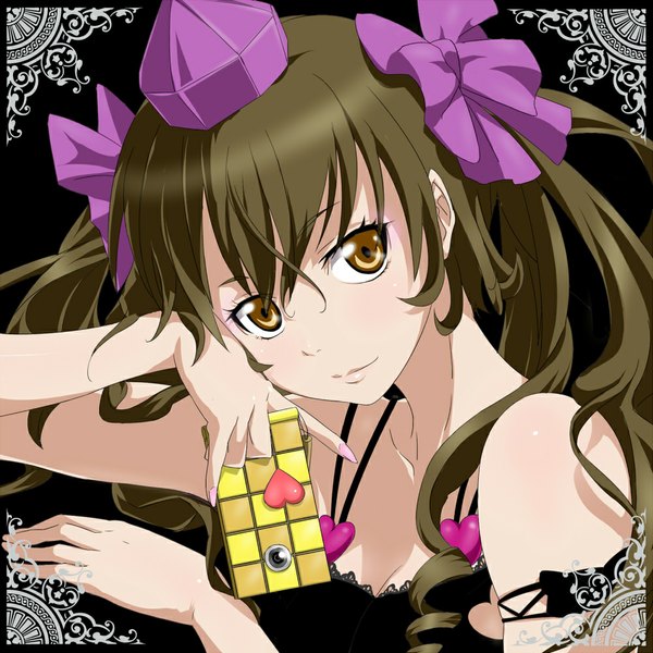 Anime picture 1000x1000 with touhou himekaidou hatate tsukimido single long hair looking at viewer brown hair twintails yellow eyes drill hair girl bow hair bow heart phone