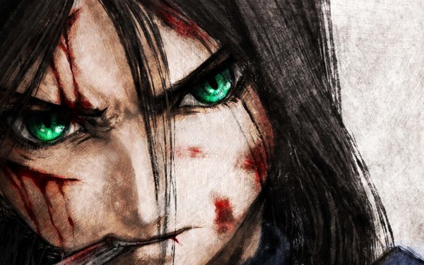 Anime picture 1920x1200 with american mcgee's alice (game) alice: madness returns alice (wonderland) alice (american mcgee's) seramiku single long hair looking at viewer highres black hair simple background wide image white background green eyes grin scar animal eyes girl blood bandage (bandages)