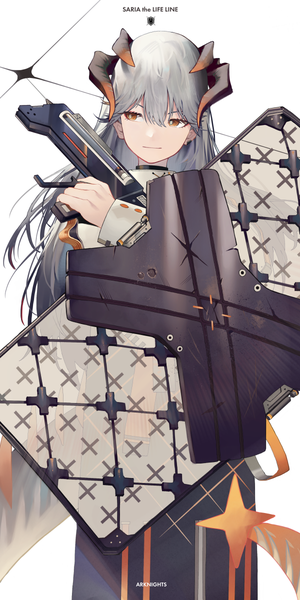 Anime picture 600x1200 with arknights saria (arknights) aroha (aroha390) single long hair tall image fringe smile hair between eyes standing brown eyes looking away horn (horns) grey hair copyright name character names smirk girl weapon gun
