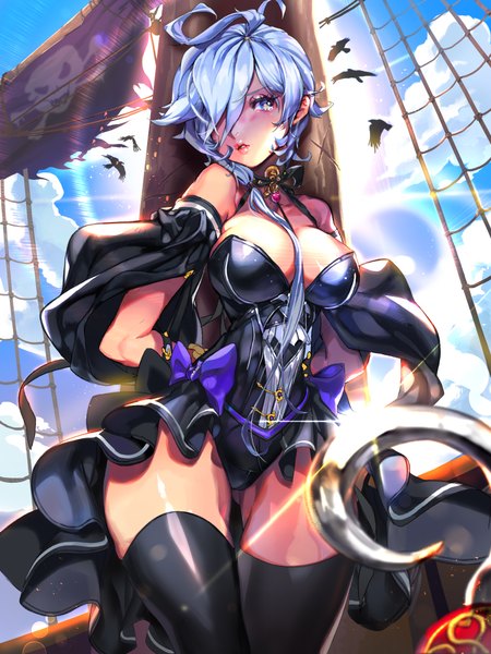 Anime picture 3000x4000 with furyou michi ~gang road~ imp single long hair tall image looking at viewer fringe highres breasts blue eyes light erotic large breasts blue hair hair over one eye girl thighhighs dress black thighhighs animal bird (birds)