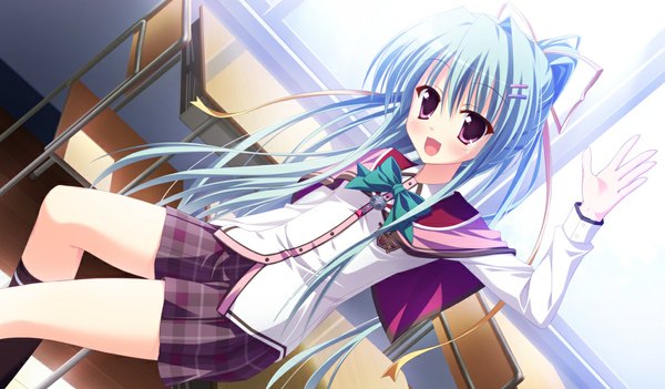 Anime picture 1024x600 with angel ring shiki azusa saeki nao long hair blush open mouth wide image purple eyes blue hair game cg ponytail girl uniform school uniform desk