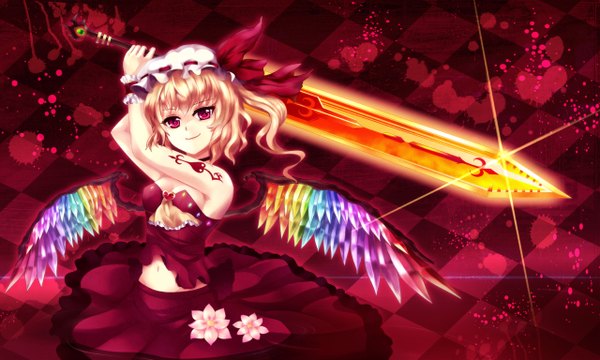 Anime picture 1280x768 with touhou flandre scarlet greave (asterism) short hair blonde hair smile red eyes wide image tattoo one side up girl skirt navel weapon hat sword wings skirt set laevatein (touhou)