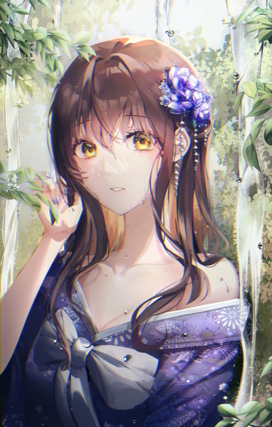 Anime picture 2539x3988 with original youwon0417 single long hair tall image looking at viewer fringe highres breasts hair between eyes brown hair yellow eyes cleavage upper body nail polish traditional clothes parted lips japanese clothes hair flower fingernails