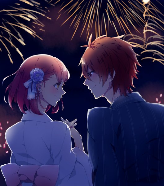 Anime picture 900x1021 with uta no prince-sama a-1 pictures nanami haruka (uta no prince-sama) ittoki otoya tall image blush short hair smile red eyes yellow eyes pink hair red hair traditional clothes japanese clothes profile hair flower from behind orange hair night night sky