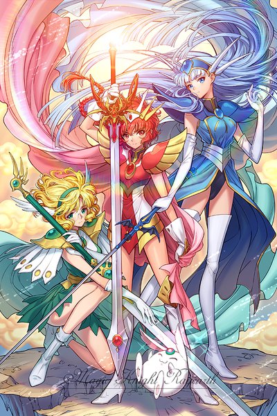 Anime-Bild 709x1063 mit magic knight rayearth clamp mokona ryuuzaki umi shidou hikaru hououji fuu eclosion long hair tall image fringe short hair blue eyes blonde hair red eyes standing multiple girls green eyes blue hair red hair braid (braids)