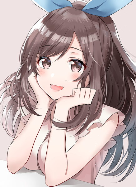 Anime picture 1442x1976 with idolmaster idolmaster shiny colors tsukioka kogane myusha single long hair tall image looking at viewer blush fringe breasts open mouth simple background smile hair between eyes brown hair brown eyes upper body ponytail :d