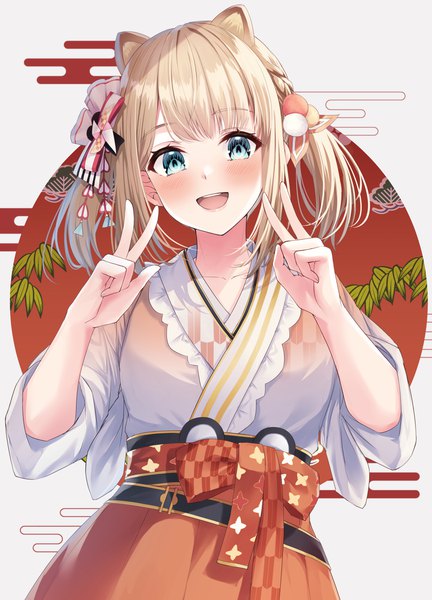 Anime picture 1396x1938 with virtual youtuber hololive kazama iroha kazama iroha (new year) primamiya single tall image looking at viewer blush short hair open mouth blue eyes blonde hair twintails animal ears traditional clothes :d japanese clothes official alternate costume victory