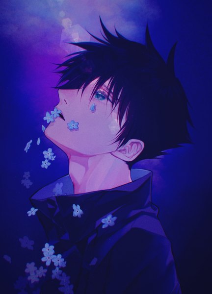 Anime picture 900x1250 with jujutsu kaisen mappa fushiguro megumi gsuh4727 single tall image short hair blue eyes black hair simple background upper body profile lens flare looking up blue background flower in mouth boy flower (flowers)