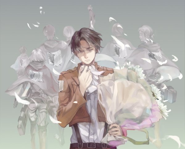 Anime picture 1279x1032 with shingeki no kyojin production i.g levi (rivaille) yuukaku short hair brown hair wind from behind grey background open clothes open jacket multiple boys grey eyes shaded face group ghost sad girl boy uniform