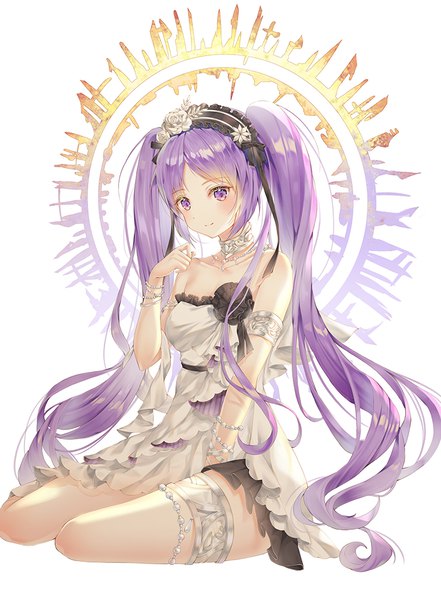 Anime-Bild 800x1087 mit fate (series) fate/hollow ataraxia euryale (fate) mellozzo single long hair tall image looking at viewer blush fringe breasts simple background smile white background sitting purple eyes twintails purple hair full body between legs