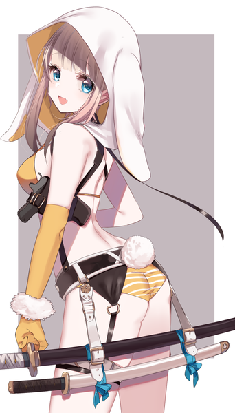 Anime picture 1142x2000 with original sinsihukunokonaka single long hair tall image looking at viewer blush fringe breasts open mouth blue eyes light erotic simple background standing animal ears payot ass tail blunt bangs animal tail