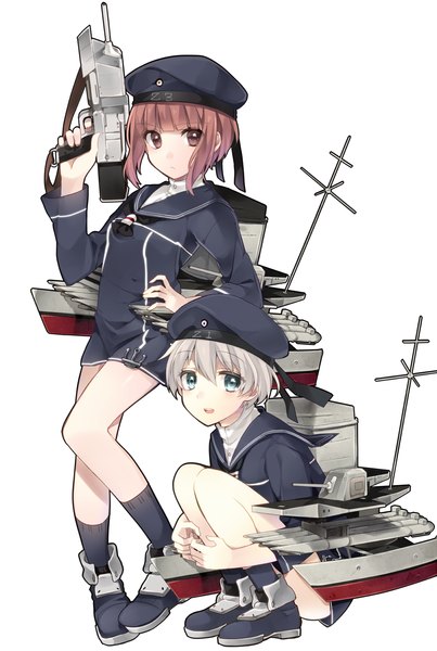 Anime picture 1000x1489 with kantai collection z3 destroyer (max schultz) z1 destroyer (leberecht maass) sakura yuki (clochette) tall image looking at viewer blush short hair blue eyes simple background blonde hair brown hair white background multiple girls brown eyes squat girl dress weapon 2 girls