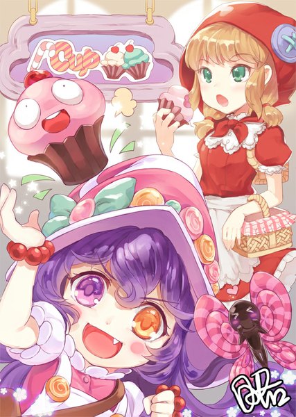 Anime-Bild 650x914 mit league of legends lulu (league of legends) annie (league of legends) bittersweet lulu dakun87 (artist) long hair tall image looking at viewer blush short hair open mouth smile brown hair multiple girls green eyes purple hair heterochromia girl 2 girls food