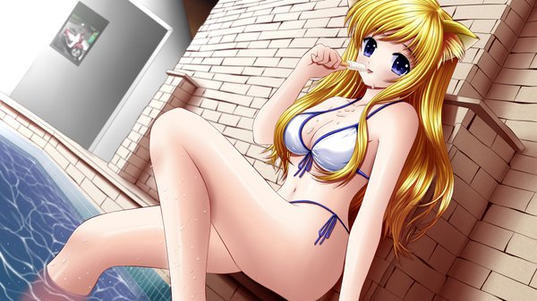 Anime picture 1920x1080 with original ilolamai single long hair highres light erotic blonde hair wide image purple eyes animal ears cat ears girl swimsuit bikini food sweets white bikini ice cream