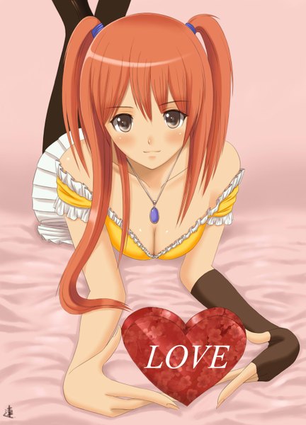 Anime picture 2125x2952 with original xiao lian long hair tall image looking at viewer blush highres twintails brown eyes signed orange hair girl dress heart pendant