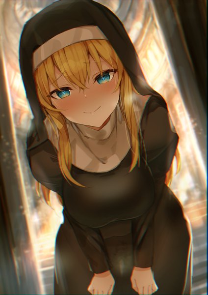 Anime picture 1447x2047 with original amamitsu kousuke single long hair tall image looking at viewer blush fringe breasts blue eyes blonde hair smile hair between eyes large breasts payot indoors blurry leaning depth of field leaning forward