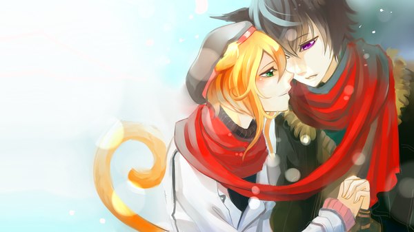 Anime picture 1000x562 with original fieryght blush short hair black hair blonde hair wide image purple eyes green eyes animal ears cat ears multiple boys cat tail couple hug holding hands face to face shared scarf boy jacket