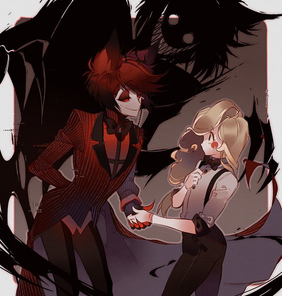 Anime picture 858x900 with hazbin hotel charlie magne alastor (hazbin hotel) kawacy long hair tall image fringe short hair blonde hair smile red eyes red hair profile shadow leaning leaning forward holding hands striped arched back arm behind back