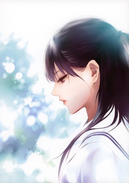 Anime picture 1235x1750 with kiyohara hiro single long hair tall image open mouth black hair brown eyes tail profile looking down girl