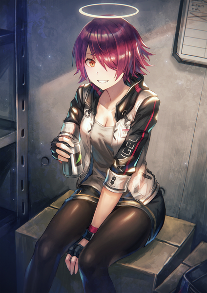 Anime picture 1910x2701 with arknights exusiai (arknights) anbe yoshirou single tall image looking at viewer fringe highres short hair breasts smile sitting holding cleavage red hair indoors long sleeves sunlight hair over one eye open jacket