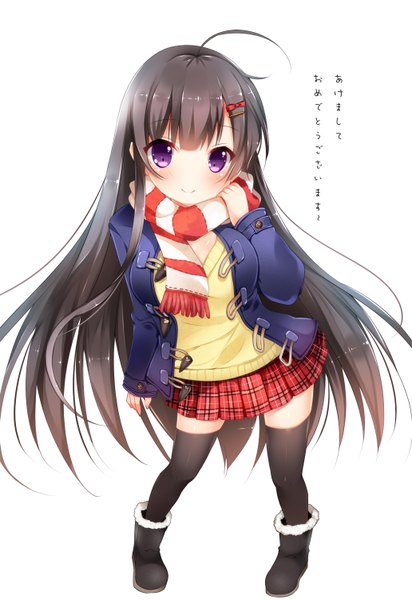 Anime picture 1032x1500 with original usagihime single long hair tall image looking at viewer blush fringe black hair simple background smile white background purple eyes ahoge from above open clothes open jacket zettai ryouiki text girl