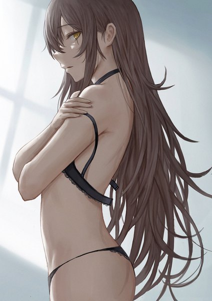 Anime picture 1000x1415 with girls frontline ump45 (girls frontline) selcky single long hair tall image looking at viewer fringe light erotic hair between eyes brown hair standing yellow eyes payot parted lips profile fingernails underwear only scar strap slip