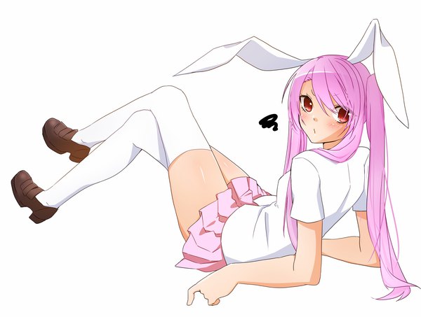 Anime picture 2100x1585 with touhou reisen udongein inaba yukina (masyumaro610) single looking at viewer highres red eyes white background twintails animal ears payot pink hair pleated skirt looking back arm support short sleeves bunny ears crossed legs reclining girl