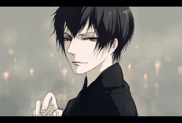 Anime picture 1585x1077 with katekyou hitman reborn hibari kyouya torinmo single looking at viewer short hair black hair red eyes traditional clothes japanese clothes letterboxed face boy hand