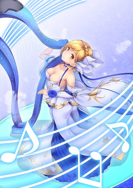 Anime-Bild 600x846 mit granblue fantasy gita (granblue fantasy) bit (keikou syrup) single tall image looking at viewer short hair breasts light erotic blonde hair holding yellow eyes cleavage full body braid (braids) from above girl dress feather (feathers) musical instrument