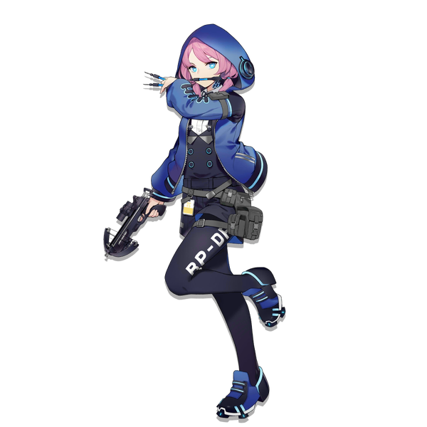 Anime-Bild 1024x1024 mit arknights blue poison (arknights) liuli (llc) single looking at viewer short hair blue eyes standing twintails holding pink hair full body open jacket official art mouth hold short twintails standing on one leg transparent background girl weapon