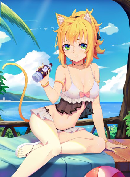 Anime picture 4900x6700 with original sonikey0 0 single tall image looking at viewer blush fringe highres short hair light erotic blonde hair smile hair between eyes sitting holding green eyes animal ears payot absurdres sky