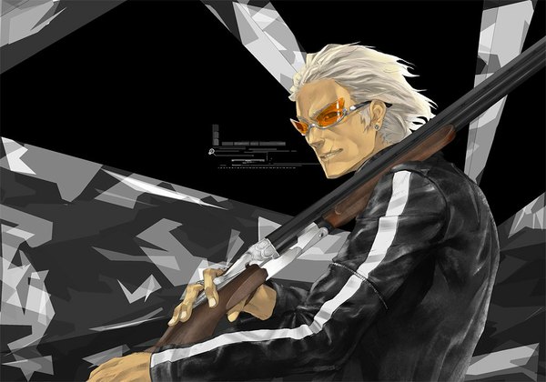 Anime picture 1024x717 with redjuice single short hair silver hair scar weapon over shoulder boy weapon gun sunglasses rifle shotgun