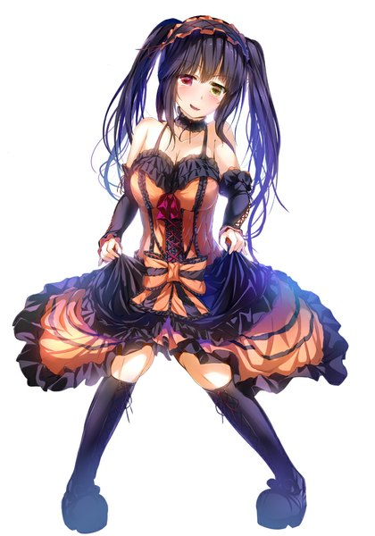 Anime picture 700x1000 with date a live tokisaki kurumi wingheart single long hair tall image looking at viewer blush black hair simple background smile white background twintails heterochromia girl dress detached sleeves boots frills