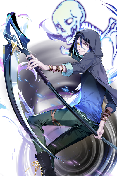 Anime picture 1176x1764 with soccer spirits jeunese tyuh (pixiv) single tall image looking at viewer fringe short hair smile hair between eyes yellow eyes blue hair ahoge bent knee (knees) sparkle grin transparent background skeleton boy weapon
