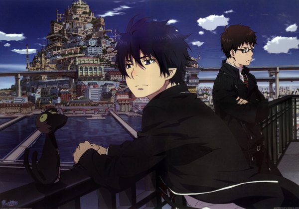 Anime picture 1800x1260 with ao no exorcist a-1 pictures okumura rin okumura yukio cloud strife kuro (ao no exorcist) katou kazue highres short hair blue eyes black hair smile standing sky cloud (clouds) scan multiple boys crossed arms twins frown