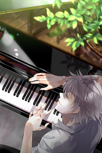 Anime picture 561x840 with neon genesis evangelion gainax nagisa kaworu haru haru haru haru single tall image fringe short hair hair between eyes silver hair upper body eyes closed profile from above light smile boy plant (plants) shirt white shirt musical instrument