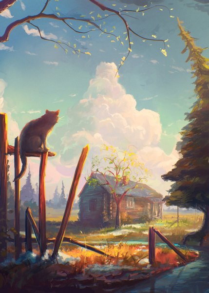 Anime picture 2289x3200 with sylar113 tall image highres sky cloud (clouds) outdoors horizon no people river plant (plants) animal tree (trees) building (buildings) cat grass fence house