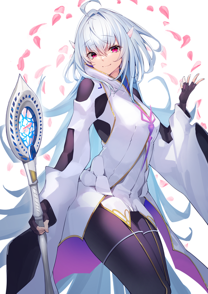 Anime picture 2150x3036 with fate (series) fate/grand order fate/prototype merlin (fate/prototype) yamanokami eaka single long hair tall image looking at viewer fringe highres smile hair between eyes white background silver hair ahoge pink eyes girl gloves petals