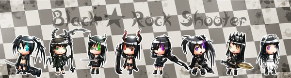 Anime picture 1553x418 with black rock shooter black rock shooter (character) dead master black gold saw insane black rock shooter black devil girl black matagi dragon slayer maid gunner long hair short hair open mouth blue eyes black hair red eyes wide image twintails purple eyes multiple girls green eyes