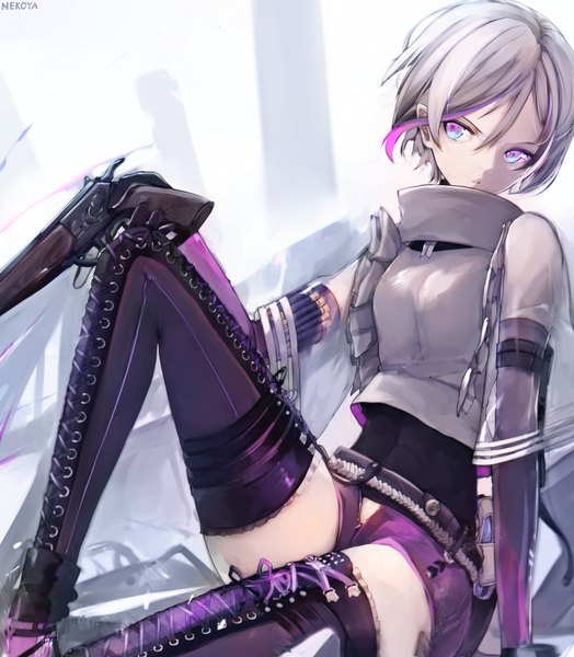 Anime picture 800x915 with girls frontline contender (girls' frontline) nekoya (liu) single tall image fringe short hair blue eyes light erotic hair between eyes sitting holding signed looking away silver hair parted lips multicolored hair arm support two-tone hair lacing