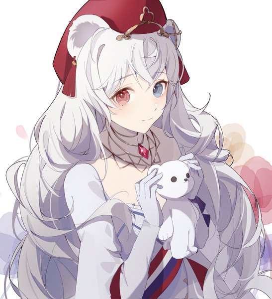 Anime picture 1635x1792 with arknights rosa (arknights) rosa (masterpiece) (arknights) yiyizi single long hair tall image looking at viewer holding animal ears upper body white hair from above light smile heterochromia official alternate costume bear ears girl gloves elbow gloves
