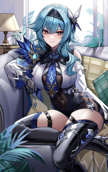 Anime picture 1526x2421 with genshin impact eula lawrence eternity (shadeh) single long hair tall image looking at viewer fringe breasts light erotic smile hair between eyes large breasts sitting brown eyes indoors aqua hair high heels covered navel skindentation