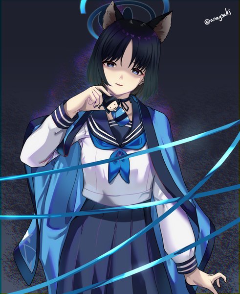 Anime picture 1050x1283 with blue archive kikyou (blue archive) aona (kuuga19yuu) single tall image looking at viewer short hair blue eyes black hair simple background signed animal ears nail polish head tilt cat ears twitter username shaded face black nail polish clothes on shoulders girl