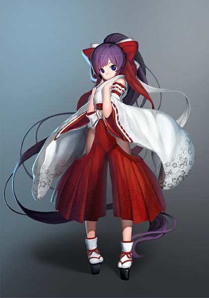 Anime picture 590x839 with original naco single tall image looking at viewer blue eyes purple hair ponytail very long hair traditional clothes japanese clothes grey background miko girl skirt bow hair bow detached sleeves red skirt